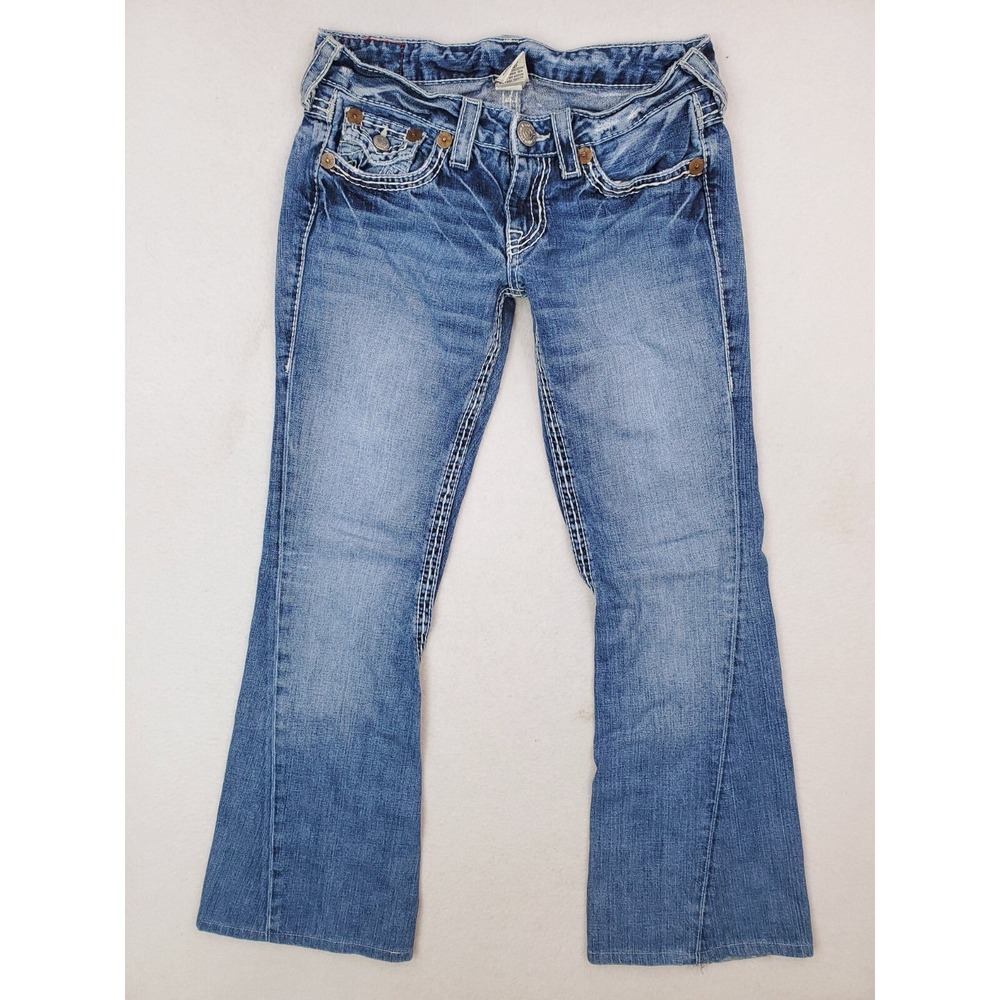 VTG True Religion Jeans Womens 29 Joey Big T Flare Distressed Y2K Thick Stitch